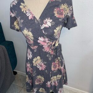 Floral Wrap Dress in Gray and Pink